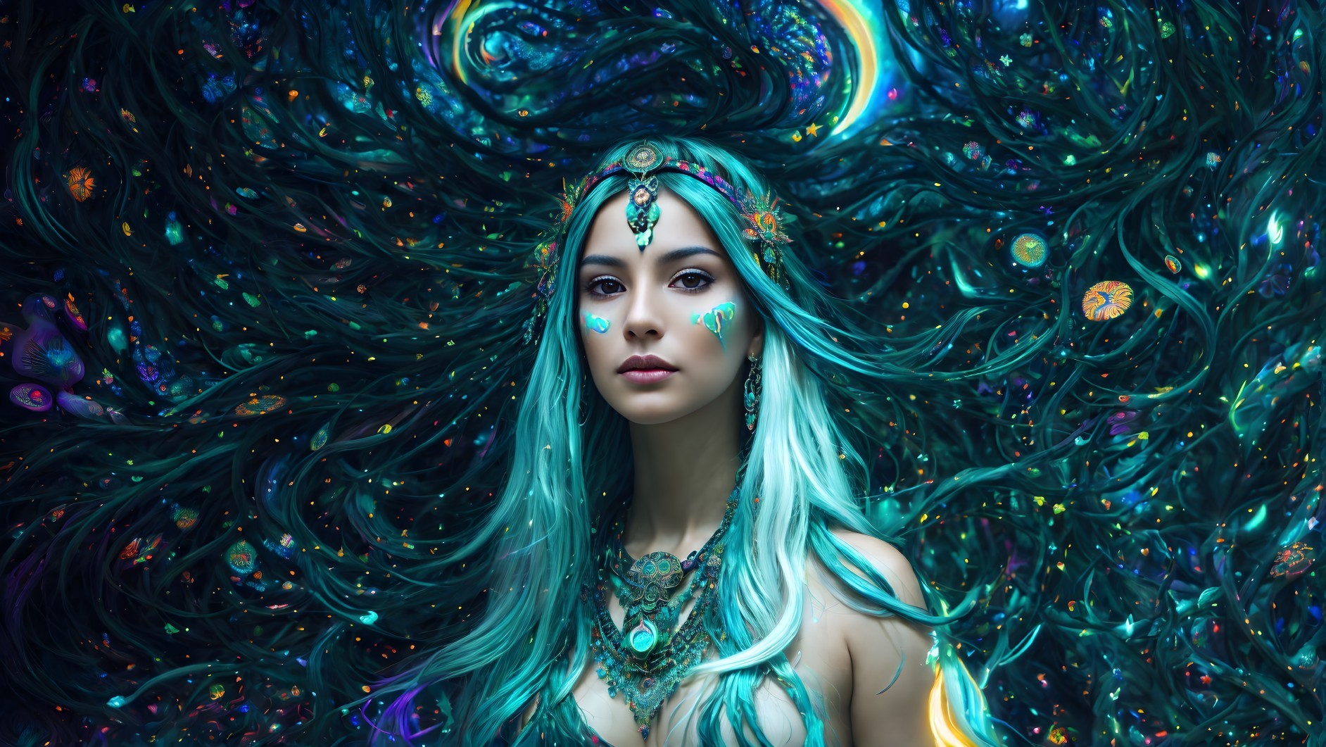 Turquoise-haired woman with beads and headdress among swirling tentacles
