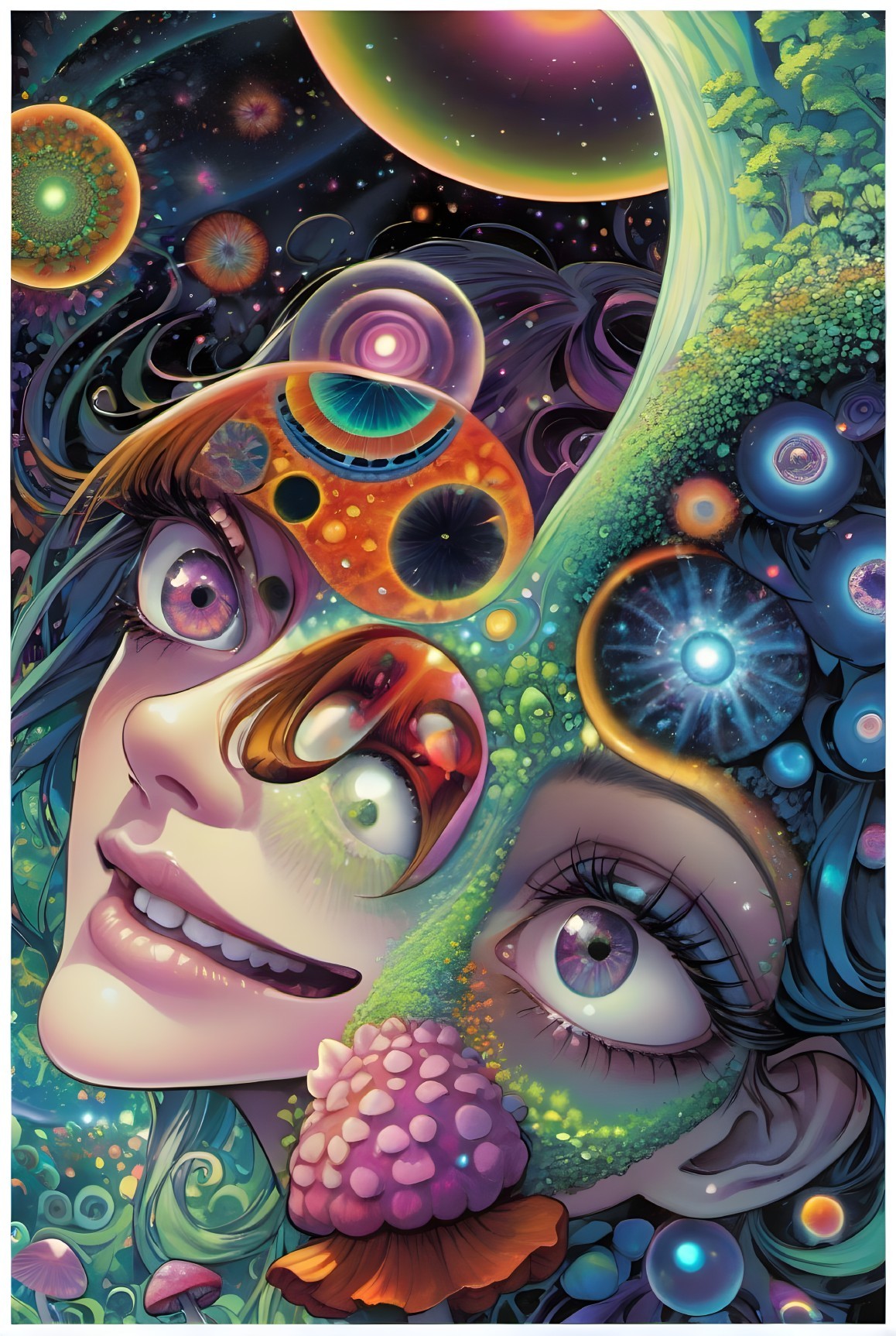 Vibrant Illustration of a Woman's Face with Cosmic Elements