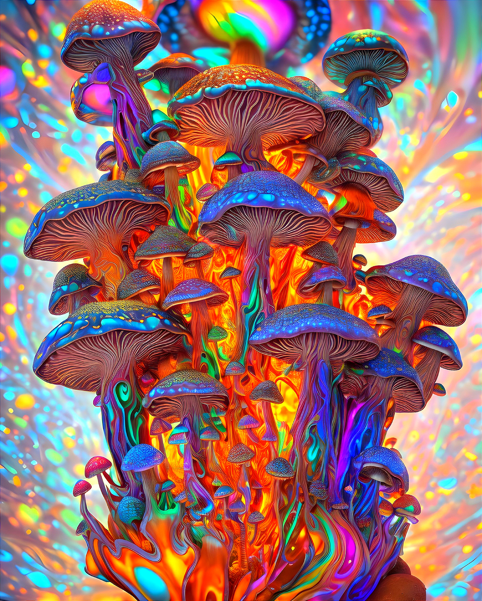 Vibrant Cluster of Colorful Fantastical Mushrooms