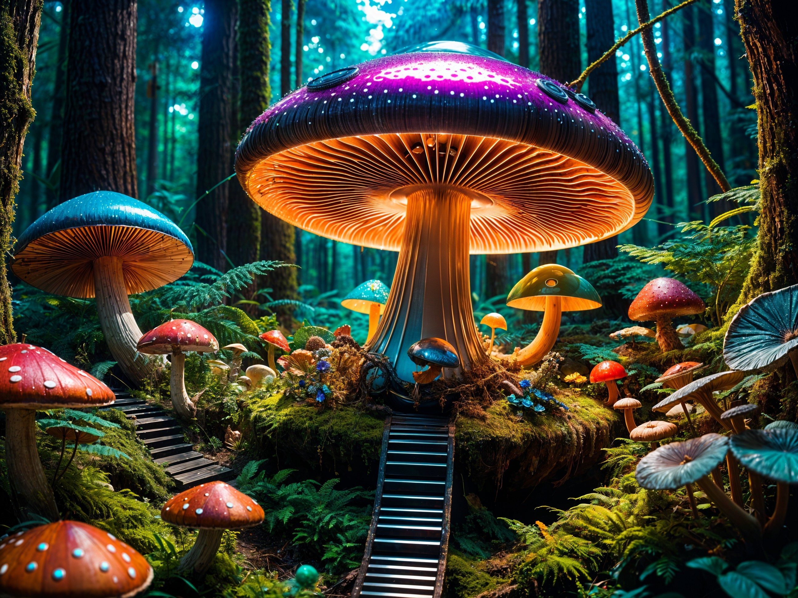 Enchanted Forest with Colorful Mushrooms and Fungi
