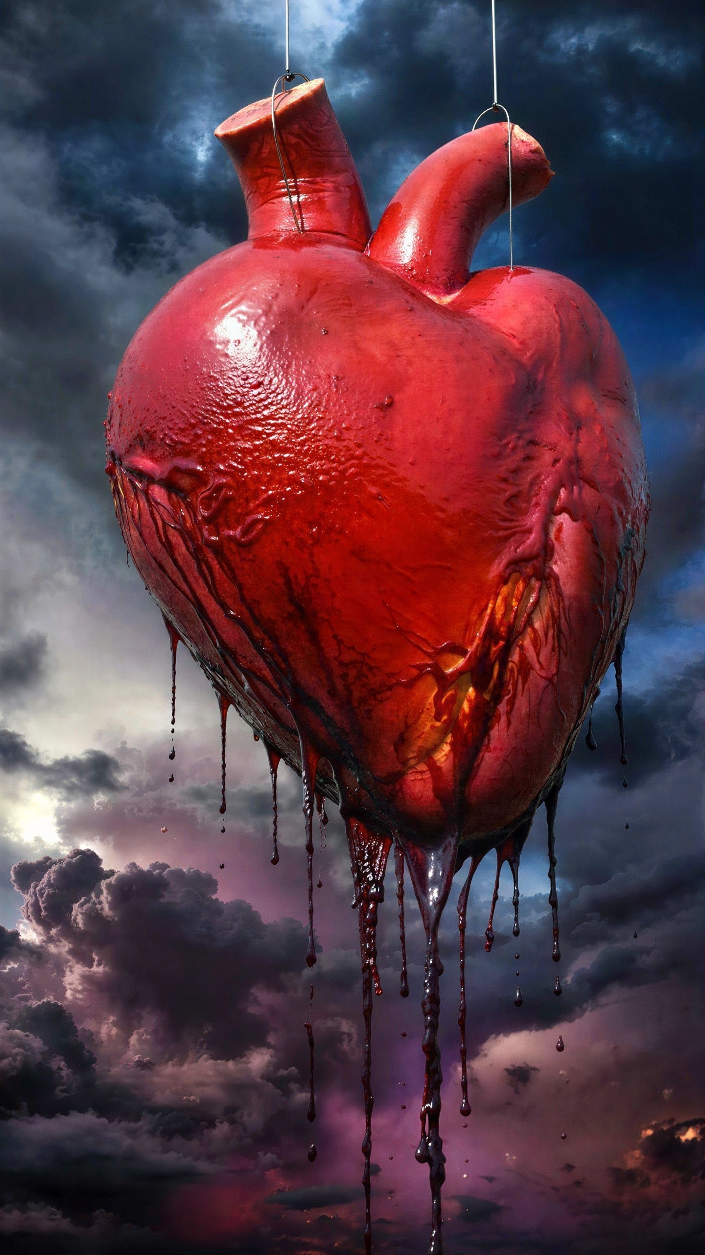 Vibrant Red Heart Dripping Blood in Stormy Sky