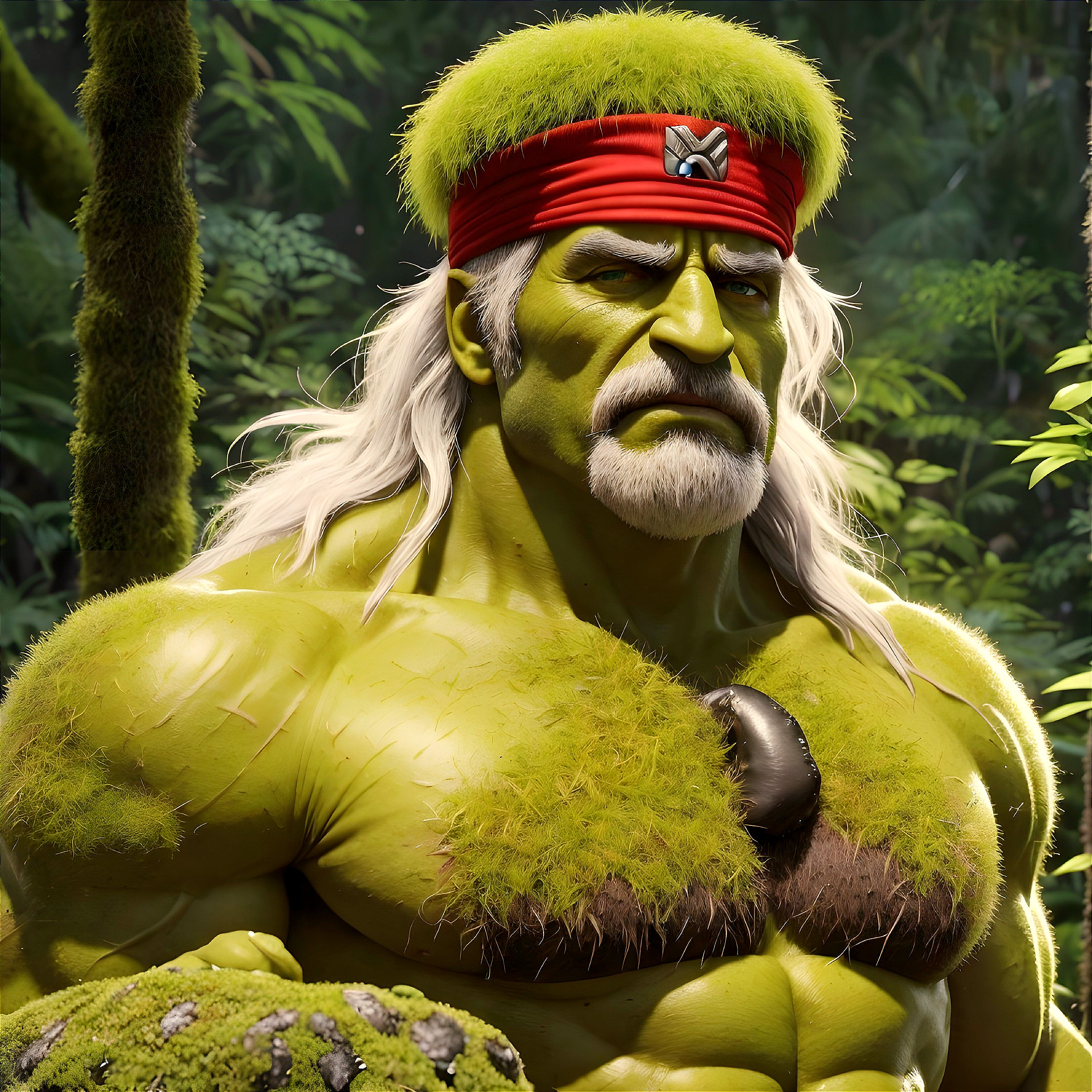 Muscular Green-Skinned Character in Tropical Setting