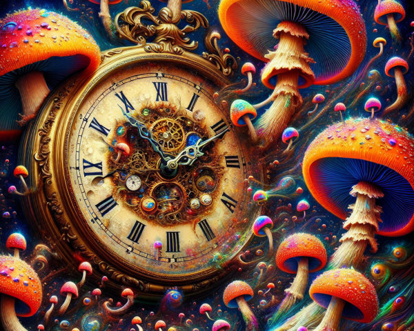 Surreal Dreamscape with Ornate Clock and Colorful Mushrooms