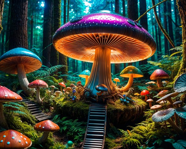 Enchanted Forest with Colorful Mushrooms and Fungi