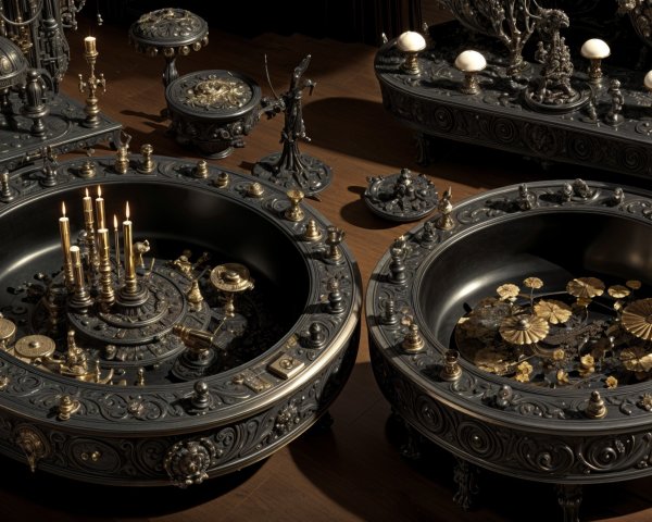 Ornate Metallic Basins and Platforms in Steampunk Style