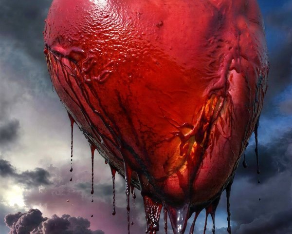 Vibrant Red Heart Dripping Blood in Stormy Sky