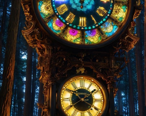 Ornate Grandmother Clock in a Magical Forest at Dusk