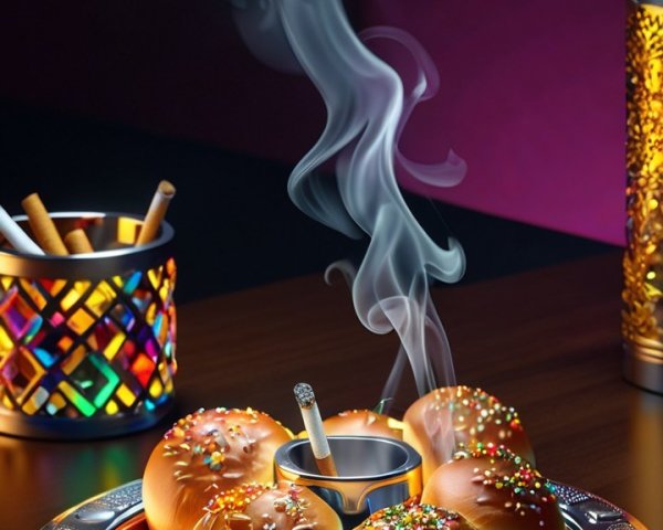 Silver Tray with Colorful Bread Rolls and Ashtray