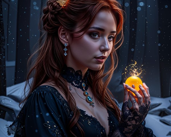 Young woman in black gown with glowing orange object