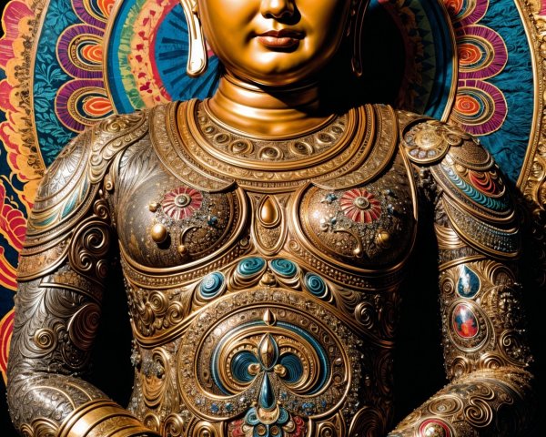 Intricate Golden Buddha Statue with Colorful Mandala Halo