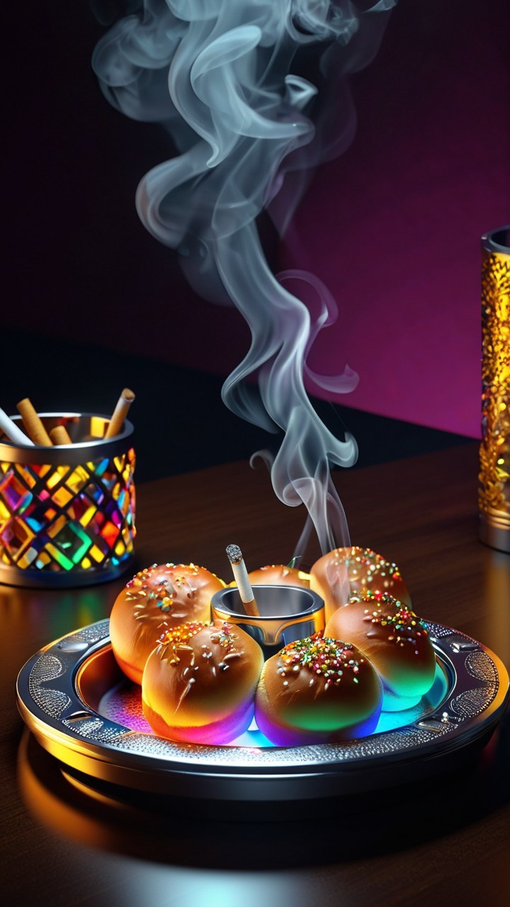 Silver Tray with Colorful Bread Rolls and Ashtray