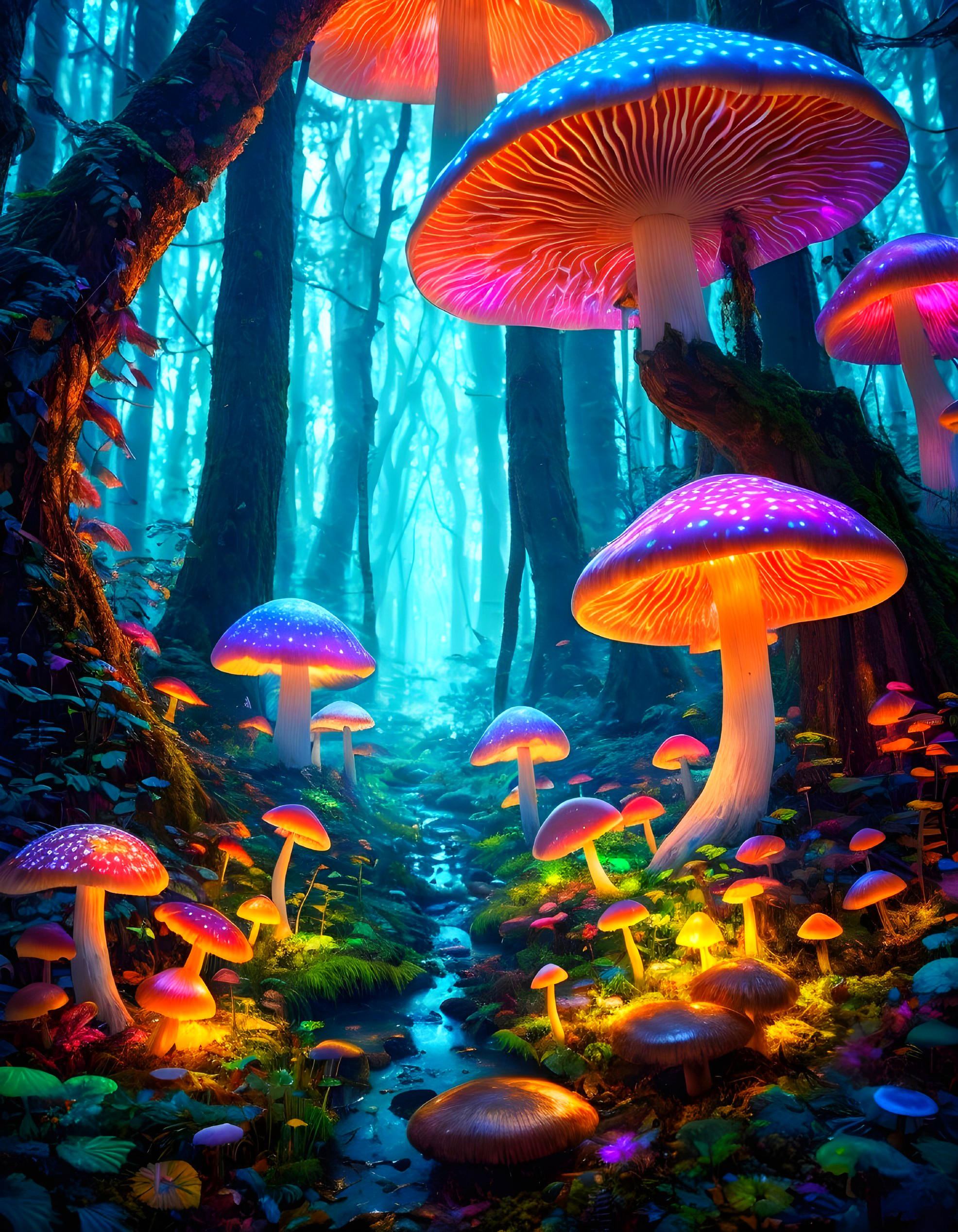 Mystical Forest with Luminescent Mushrooms and Mist