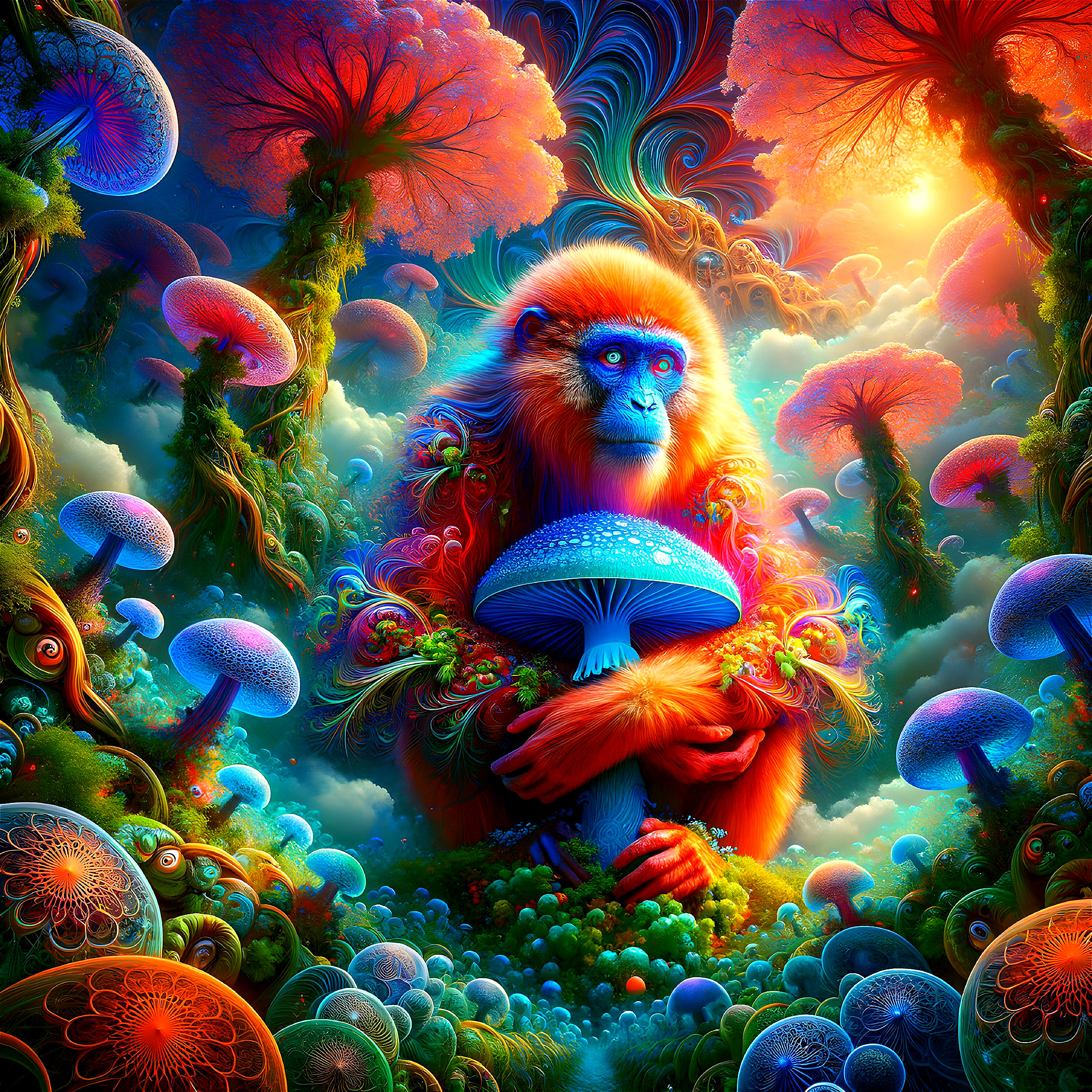 Surreal Landscape with Colorful Mushrooms and Trees