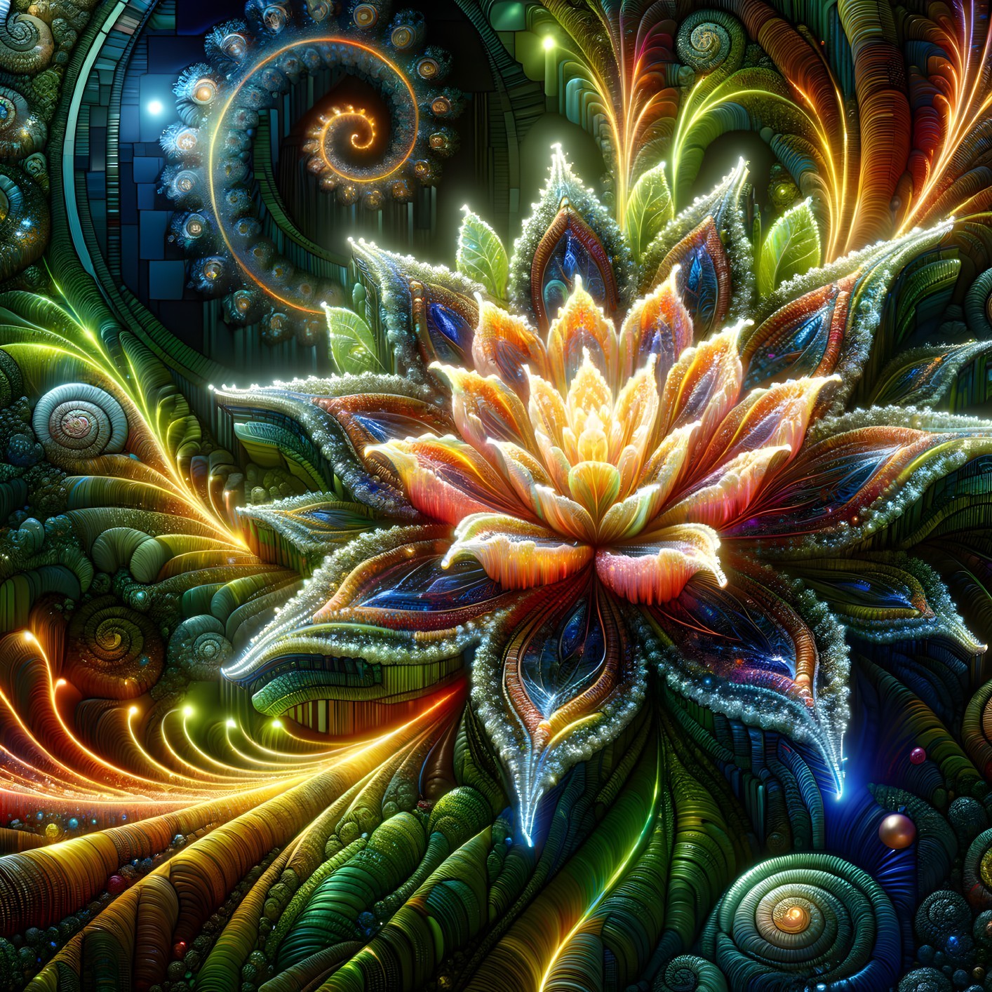 Vibrant Flower Surrounded by Colorful Fractal Patterns