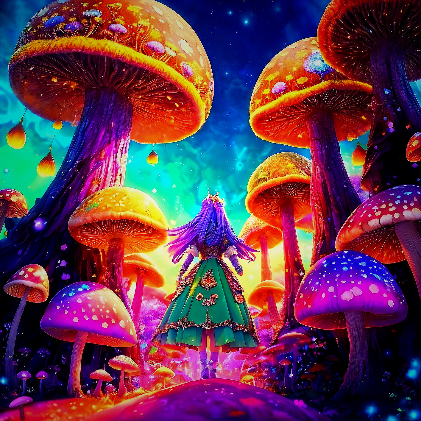 Vibrant Landscape with Colorful Glowing Mushrooms