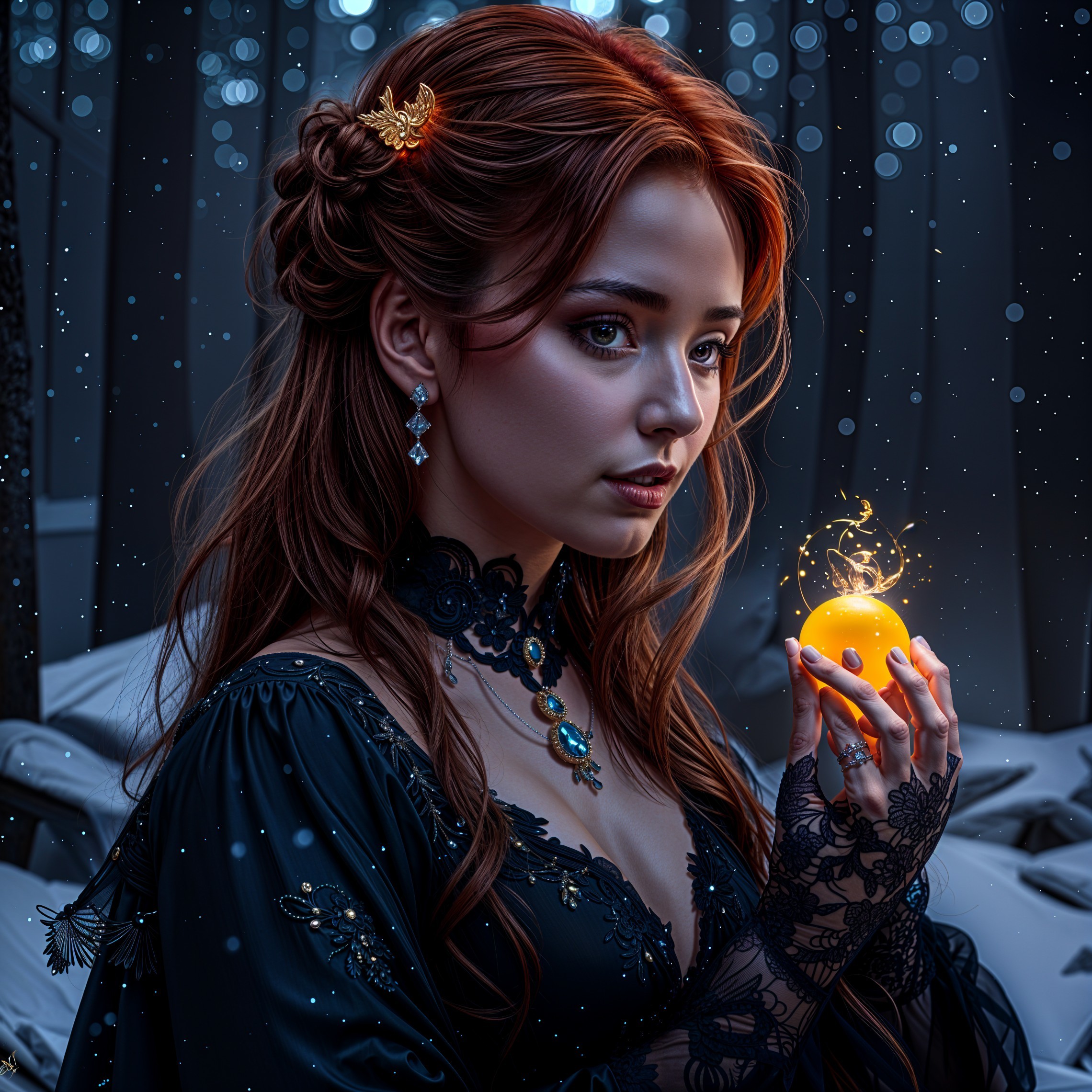 Young woman in black gown with glowing orange object