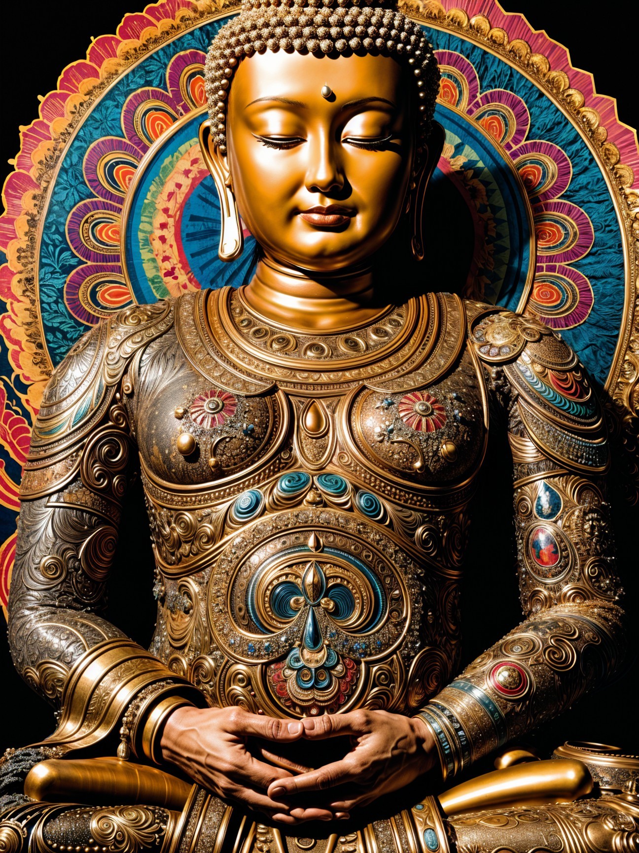Intricate Golden Buddha Statue with Colorful Mandala Halo