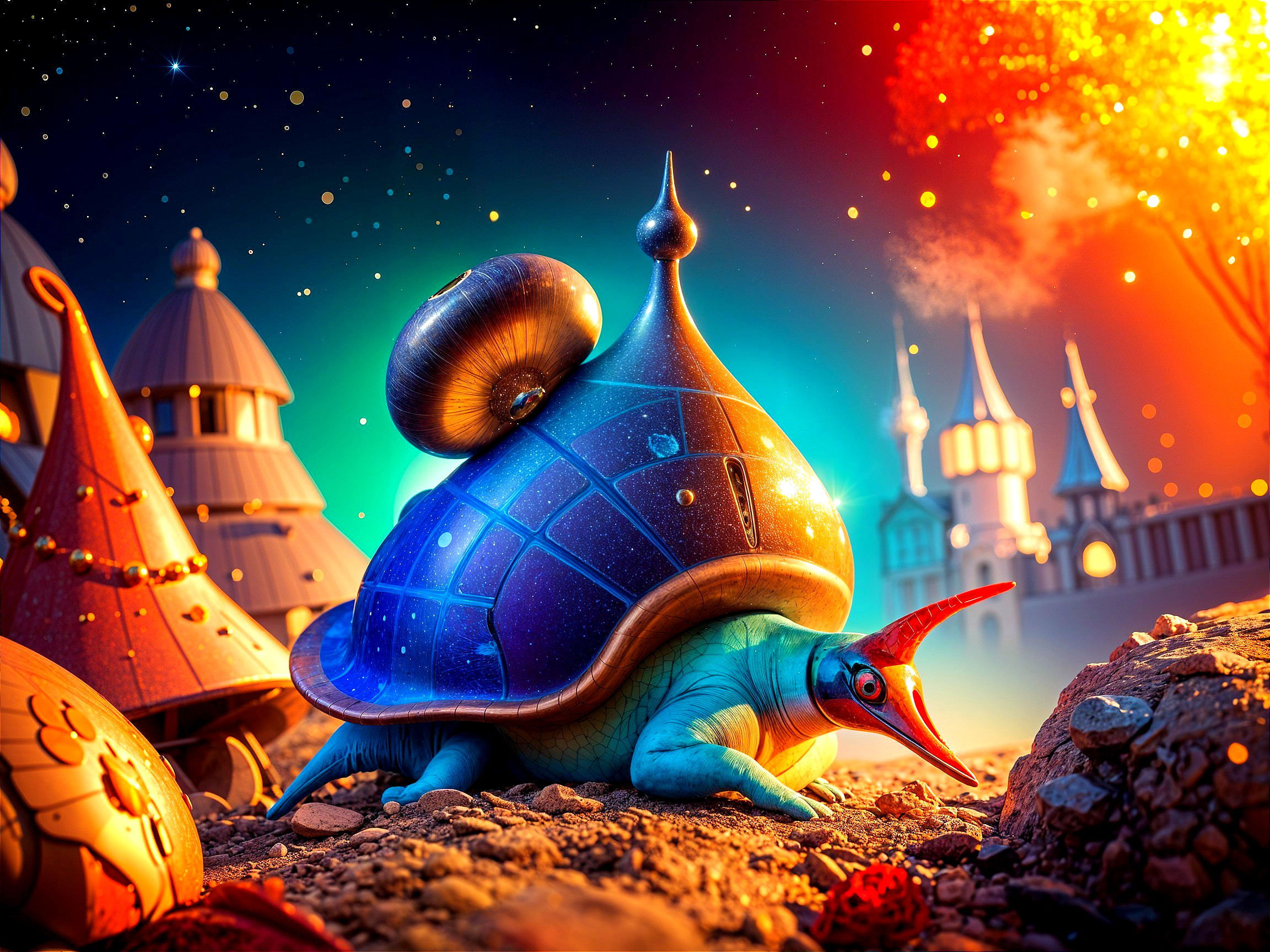 Colorful Fantastical Snail in a Magical Landscape