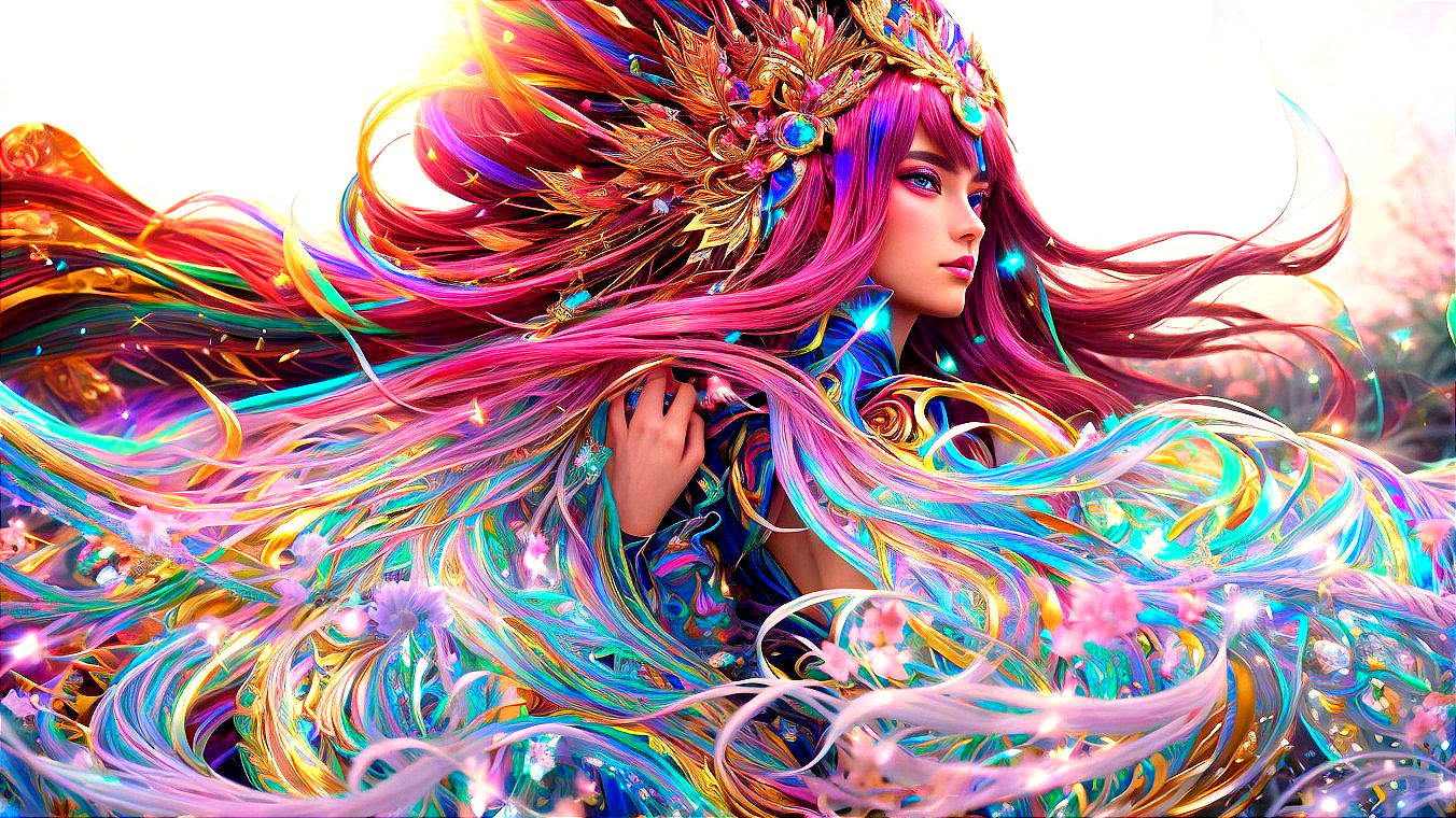 Vibrant figure with golden crown and colorful patterns