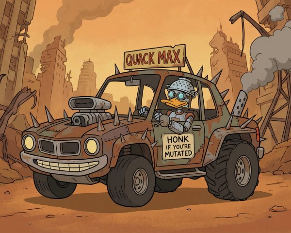 Duck Driving Mad Max-Style Vehicle in Ruined City