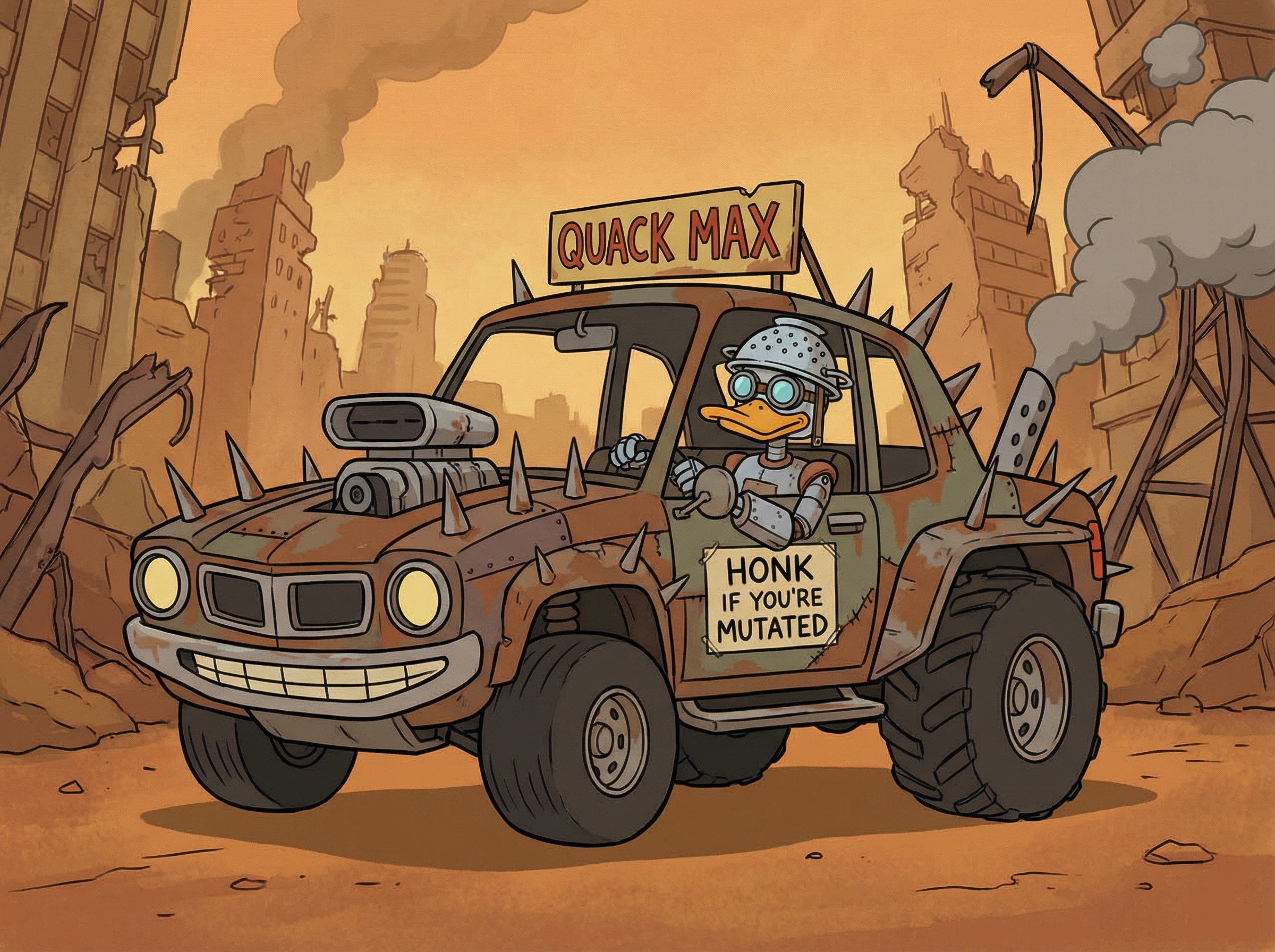 Duck Driving Mad Max-Style Vehicle in Ruined City