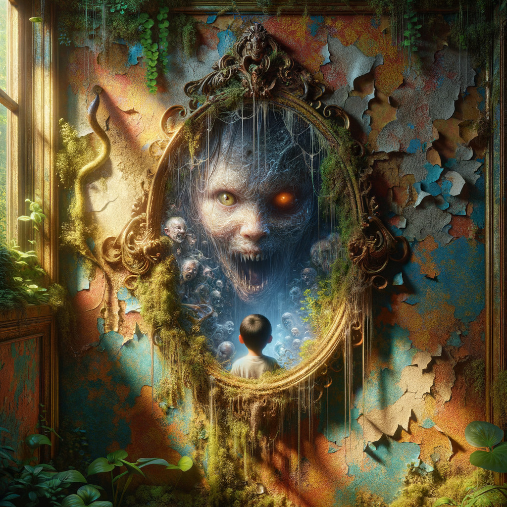 Child Before Ornate Mirror in Overgrown Room