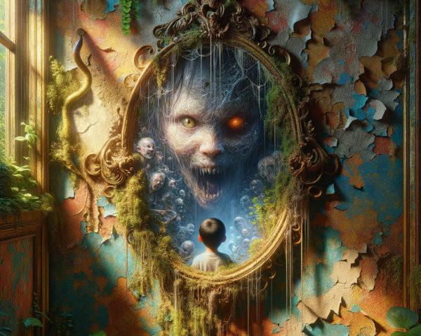 Child Before Ornate Mirror in Overgrown Room