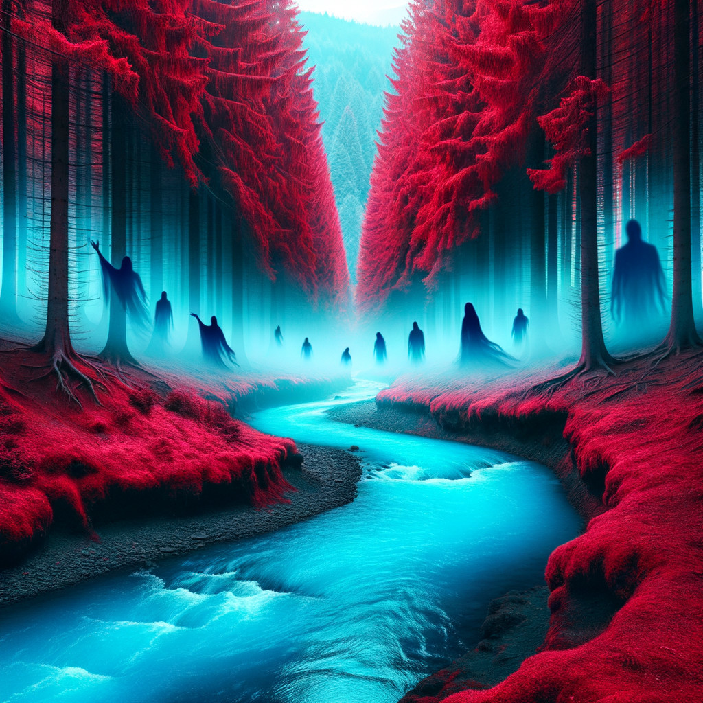 Surreal Landscape with Red Trees and Blue River