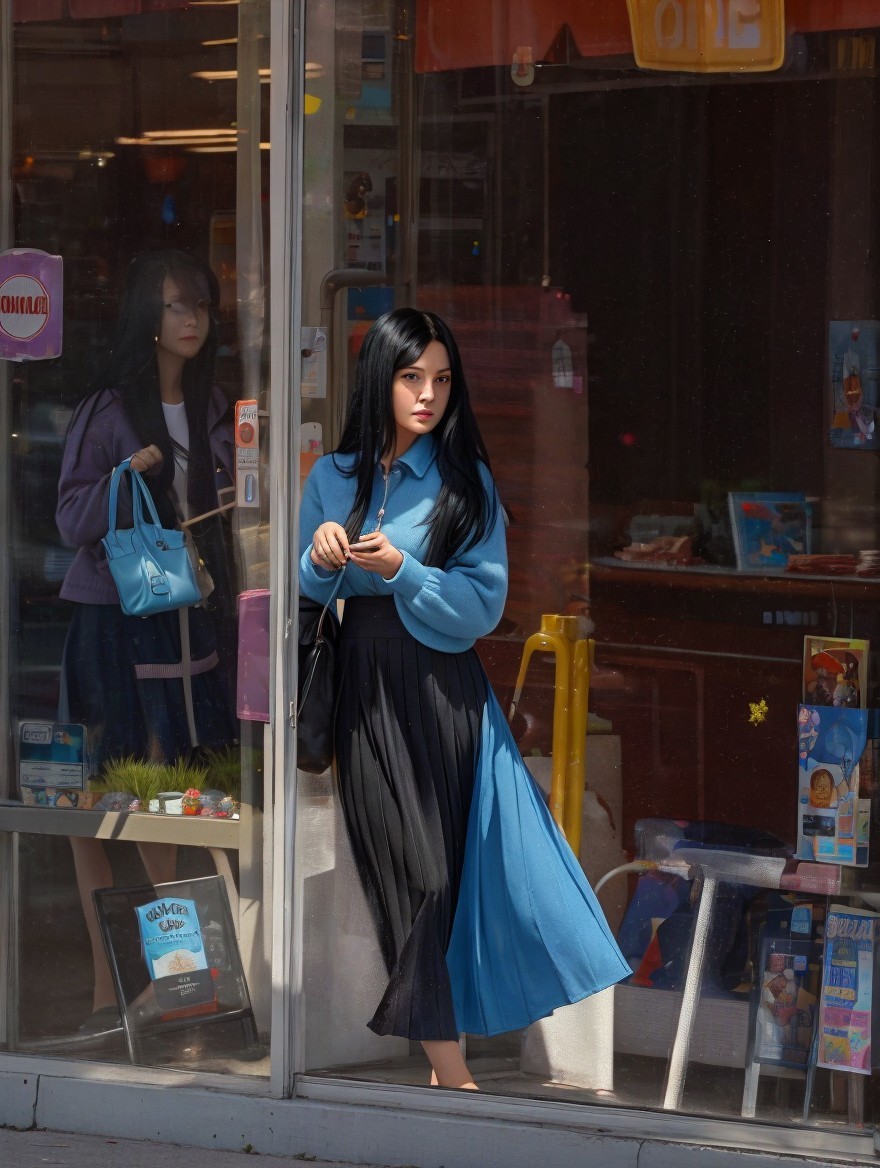 Stylish Young Woman at Shop Entrance with Reflection
