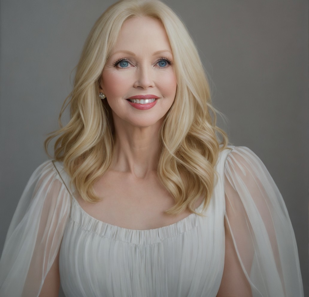Elegant woman in white dress with blonde hair and blue eyes
