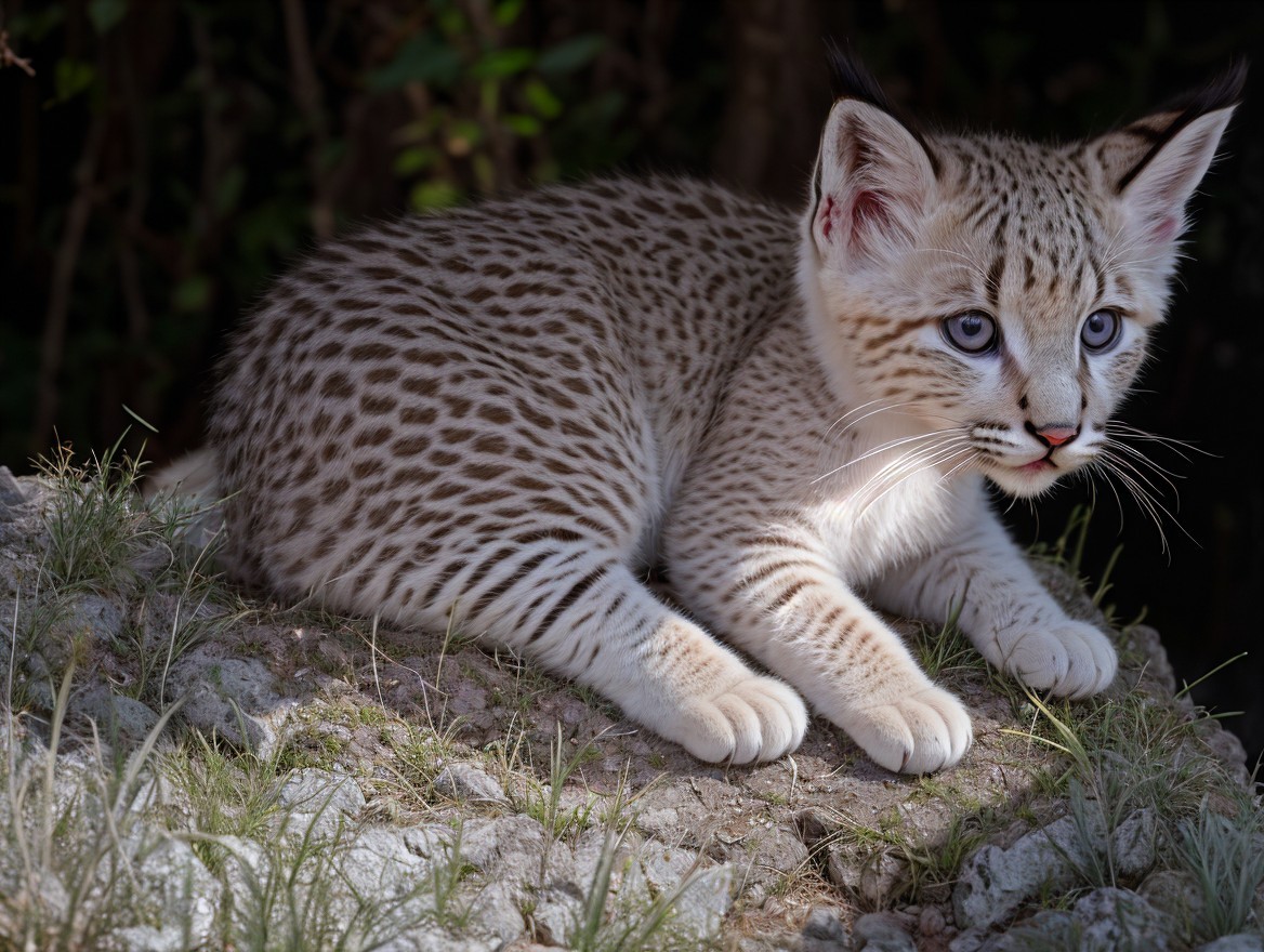 Spotted Young Cat Resting on Rocky Surface