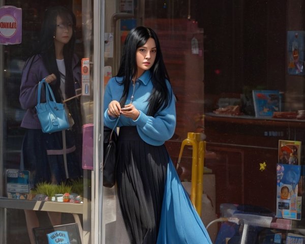 Stylish Young Woman at Shop Entrance with Reflection