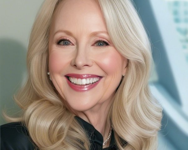 Smiling Woman with Long Blonde Hair in Soft Lighting