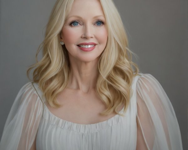 Elegant woman in white dress with blonde hair and blue eyes