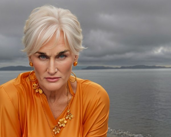 Portrait of a Woman in Orange Blouse with Sea Background