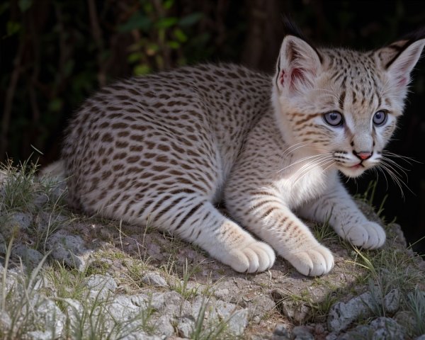 Spotted Young Cat Resting on Rocky Surface