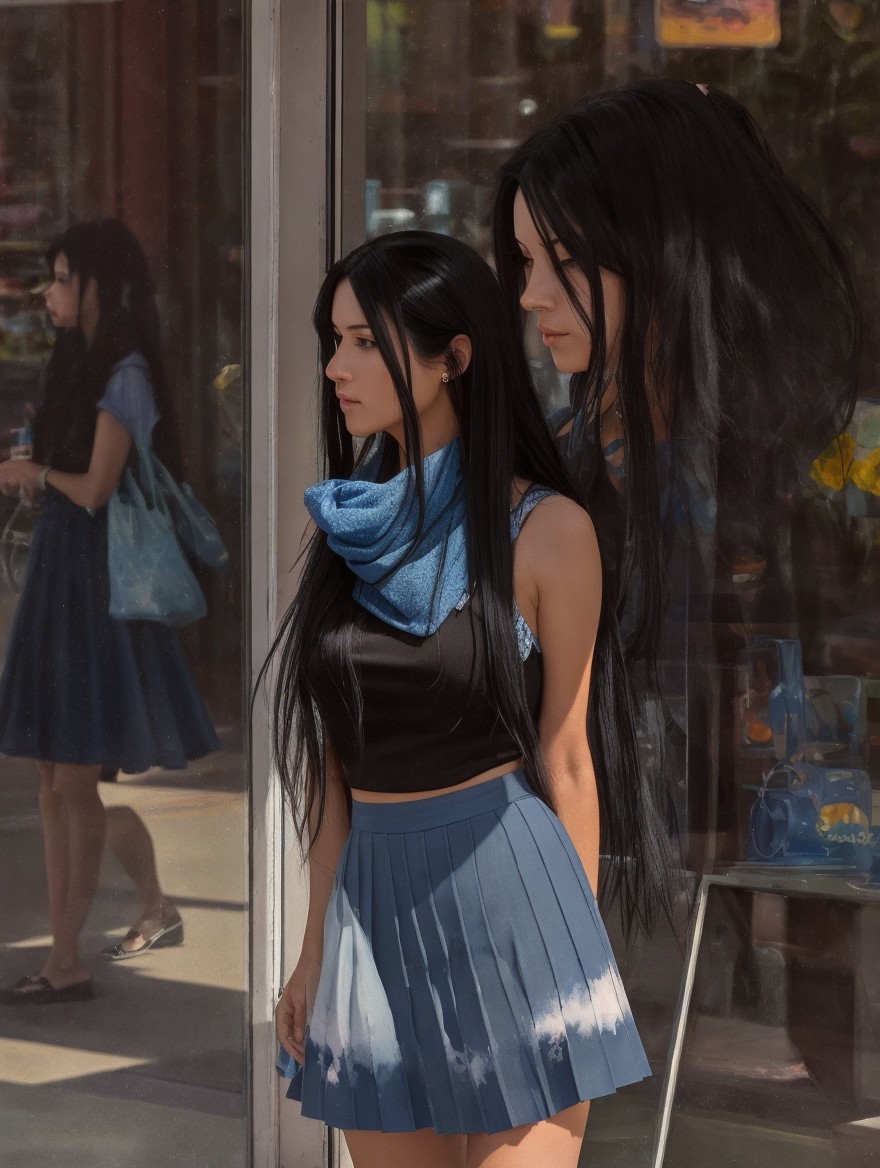 Young woman in blue scarf gazing into shop mirror