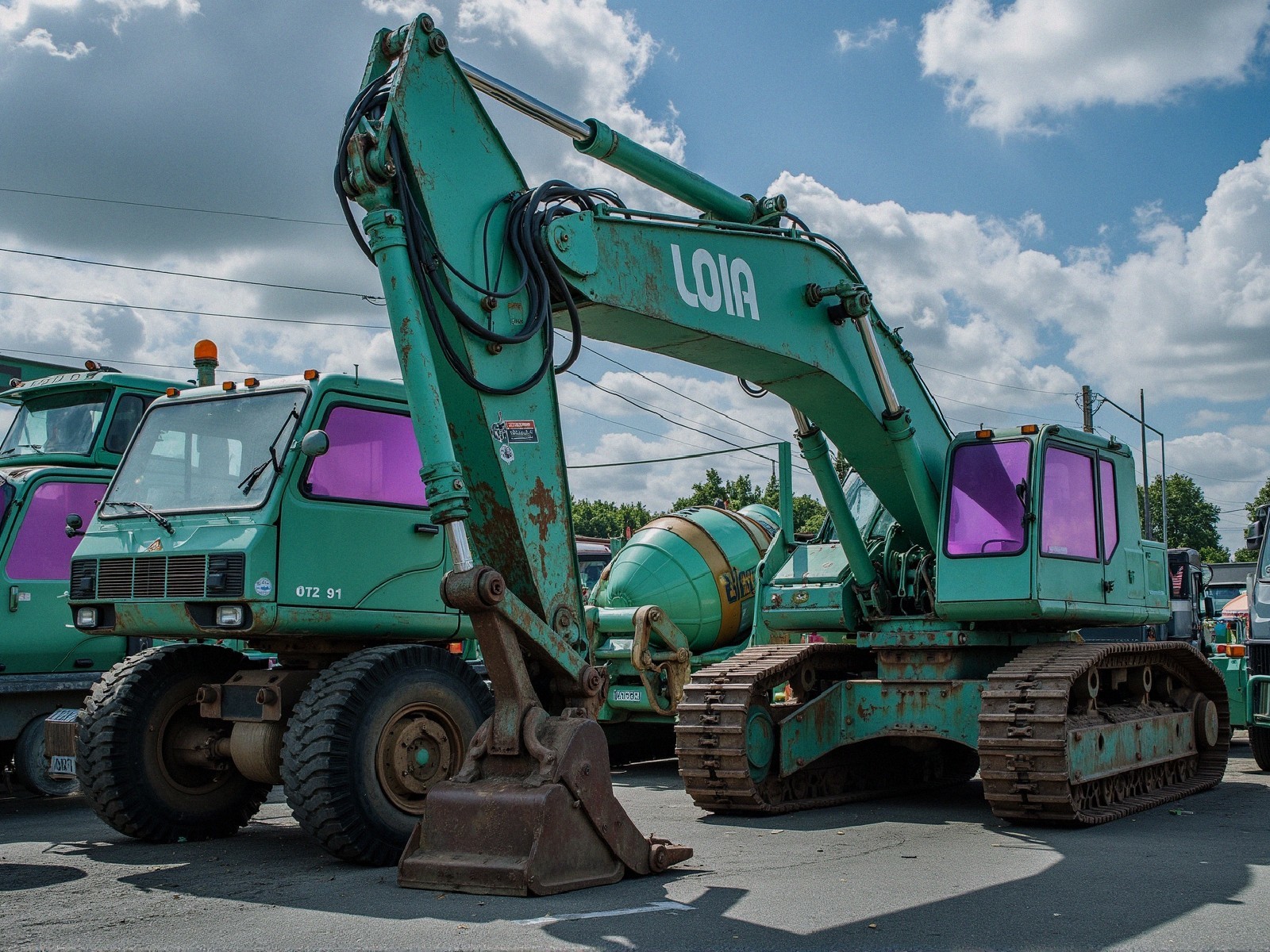 Green Excavator and Truck in Sunny Outdoor Setting