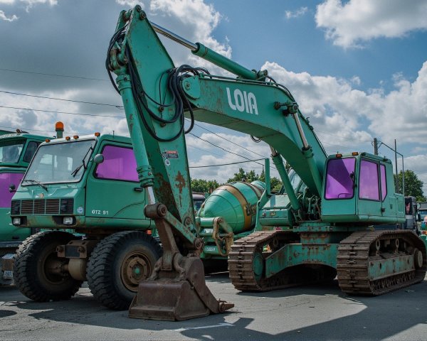 Green Excavator and Truck in Sunny Outdoor Setting
