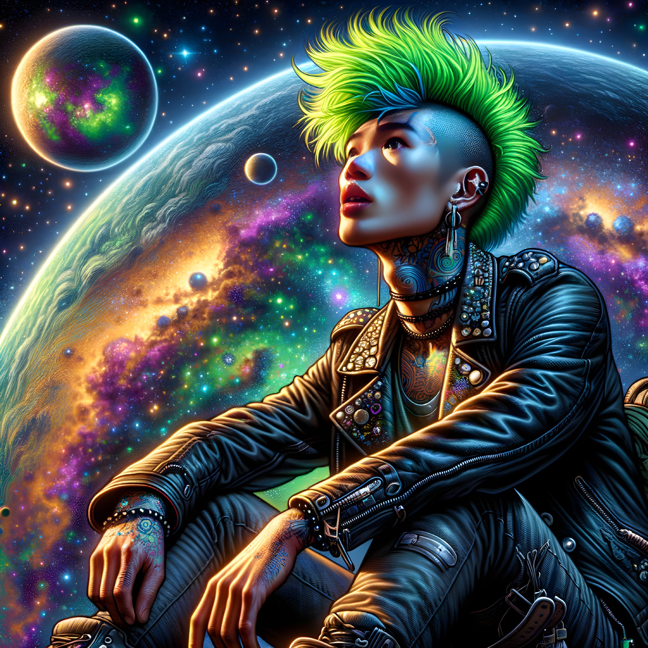 Green-haired punk person with cosmic background.
