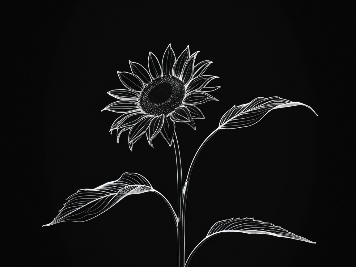 Minimalist Sunflower with White Line Art on Black Background