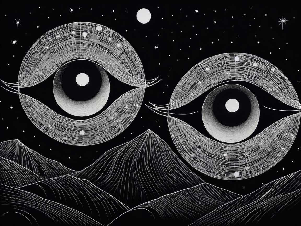 Stylized Eyes with Cosmic Background and Mountains