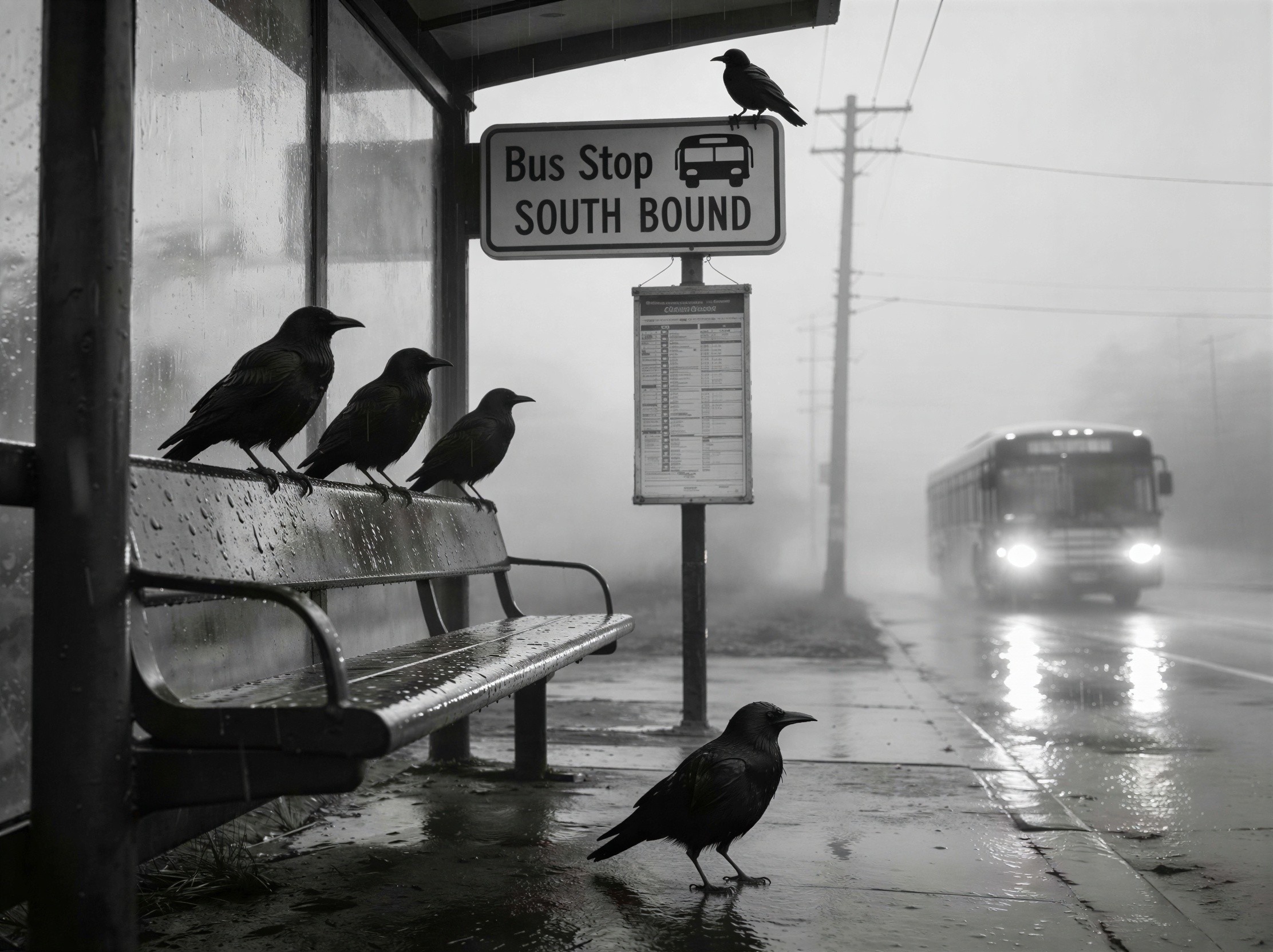 Black and white photo of a rainy bus stop with crows