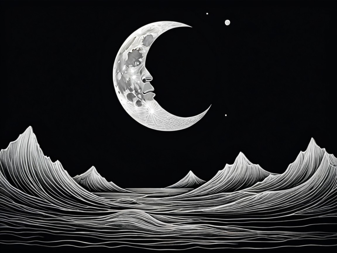 Serene Night Landscape with Mountains and Crescent Moon