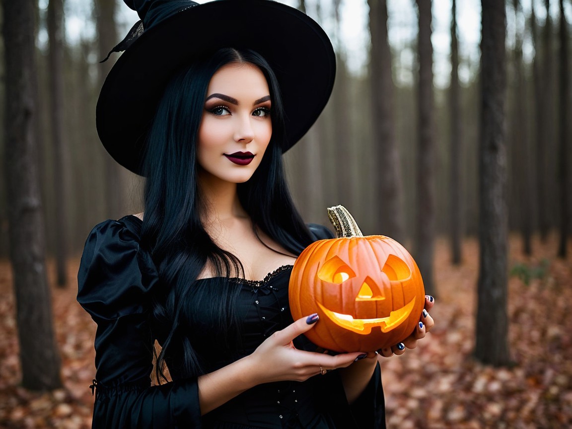 Witch in Forest with Pumpkin and Autumn Leaves