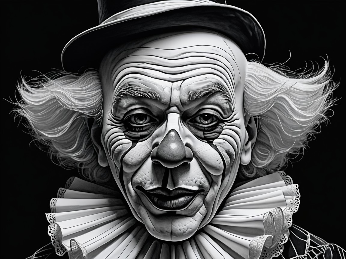 Black-and-white portrait of an eerie clown figure