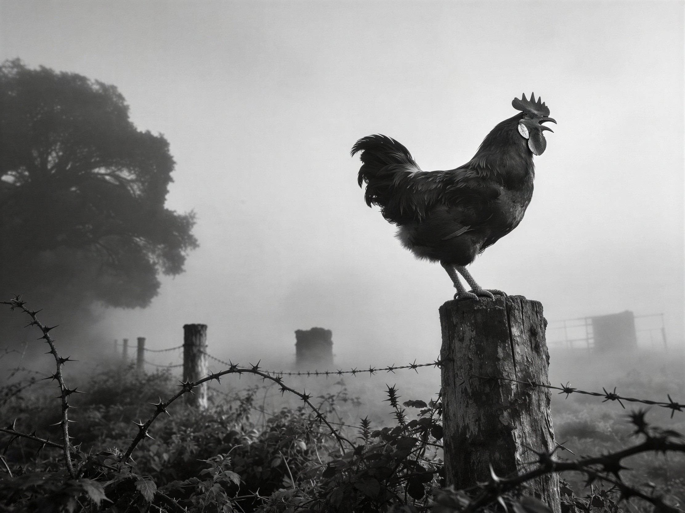 Majestic Rooster on Weathered Fence Post in Foggy Landscape
