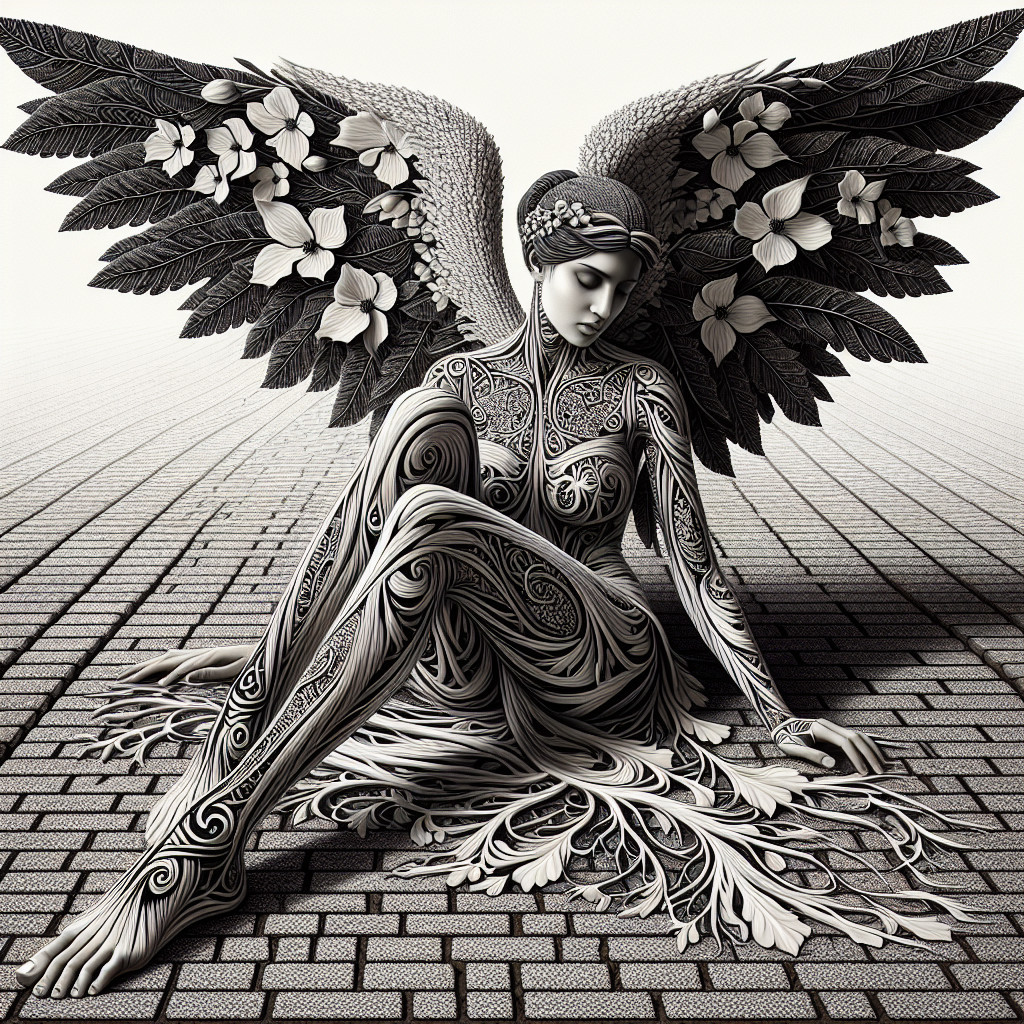 Woman with Black and White Body Art and Leaf Wings