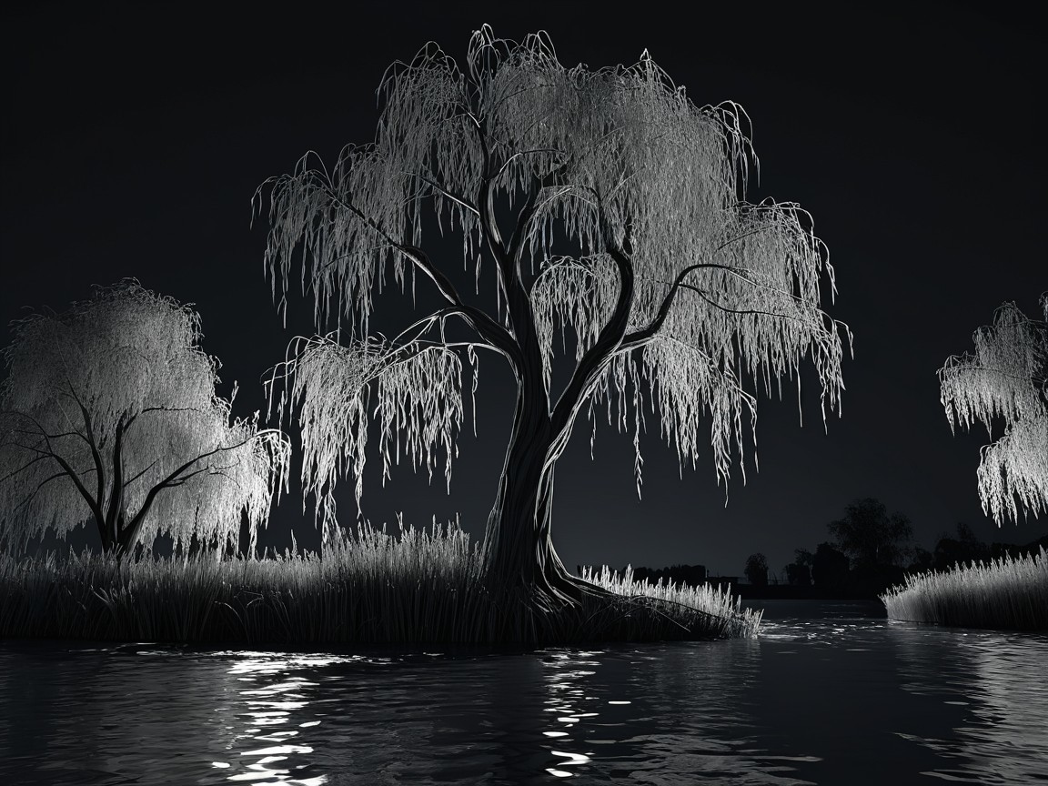 Monochromatic Landscape with Ghostly Willow Trees