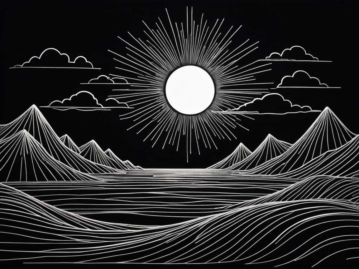 Black-and-white illustration of sun, clouds, and sea